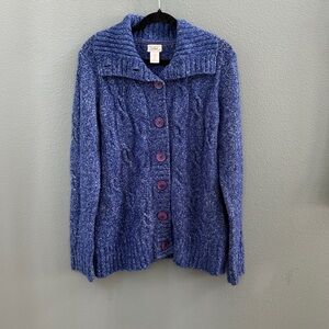 LL Bean Women's Fisherman Sweater Blue Speck Cardigan Size XL Wool Blend Button